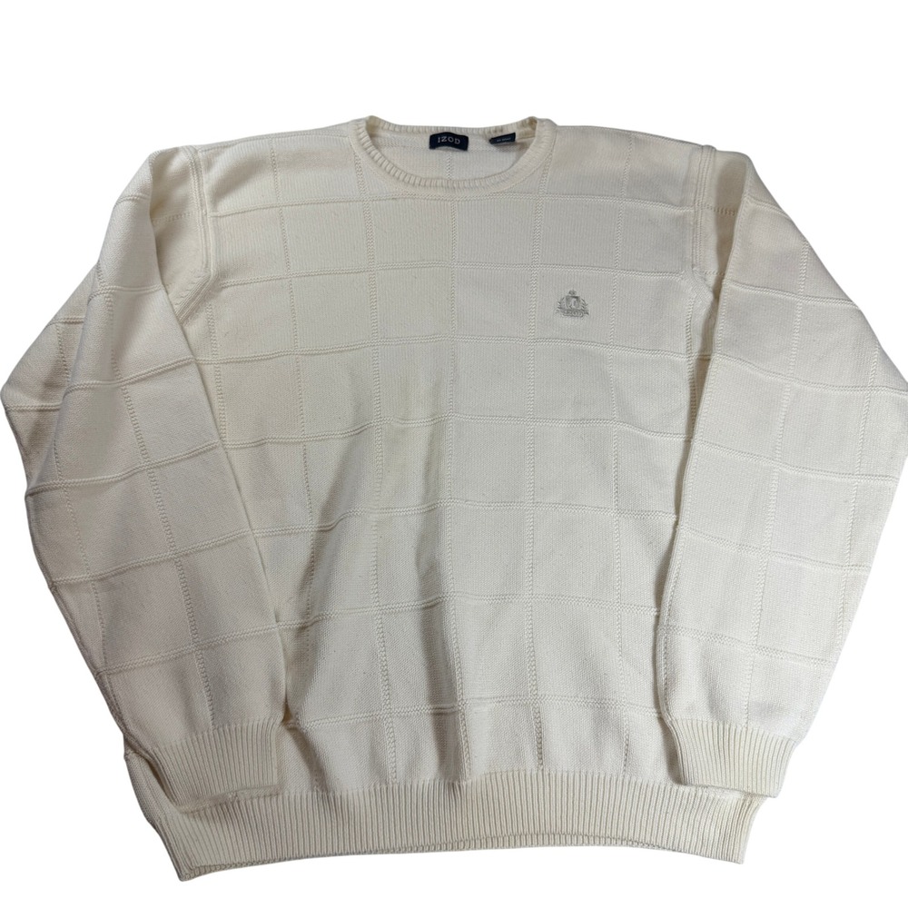 IZOD Mens XL Cream Cotton Grid Texture Crewneck Sweater Long Sleeve Ribbed Knit
